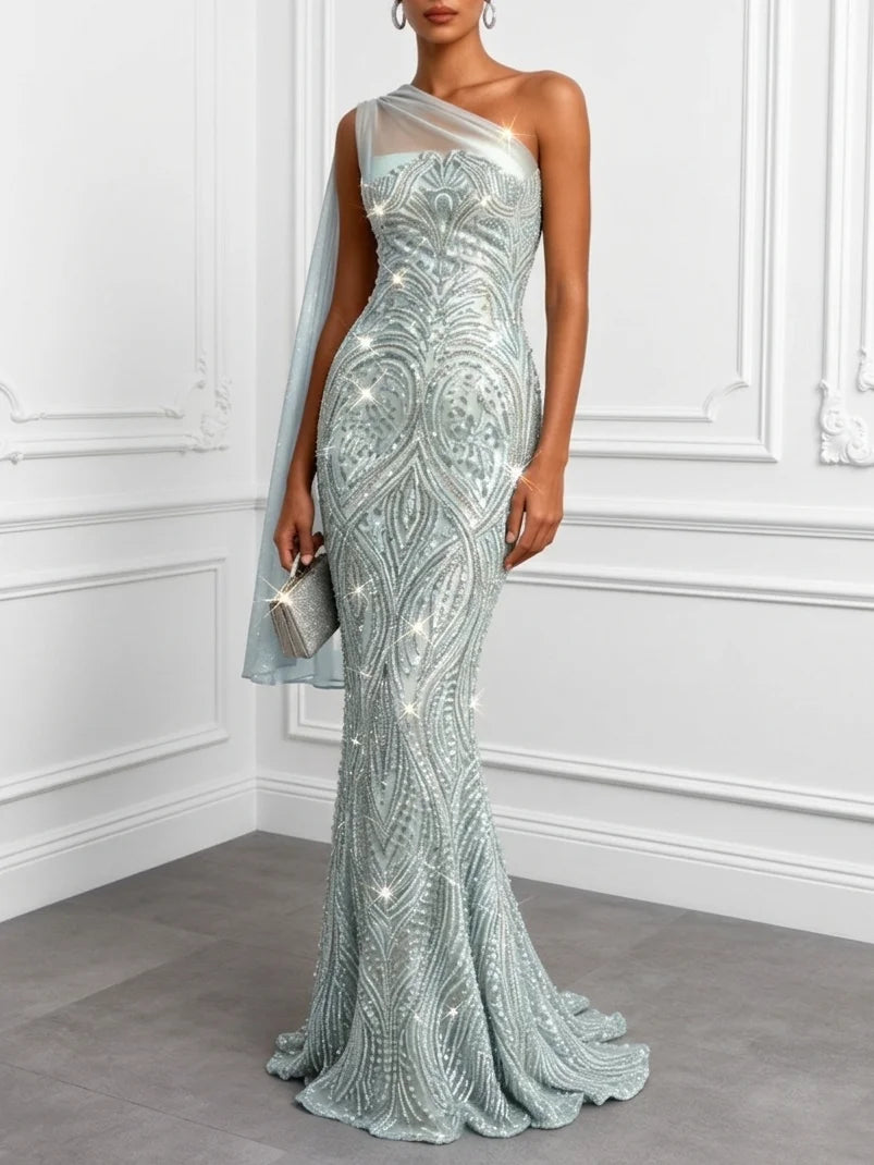 Vestido de Gala Sirena Mint con Lentejuelas