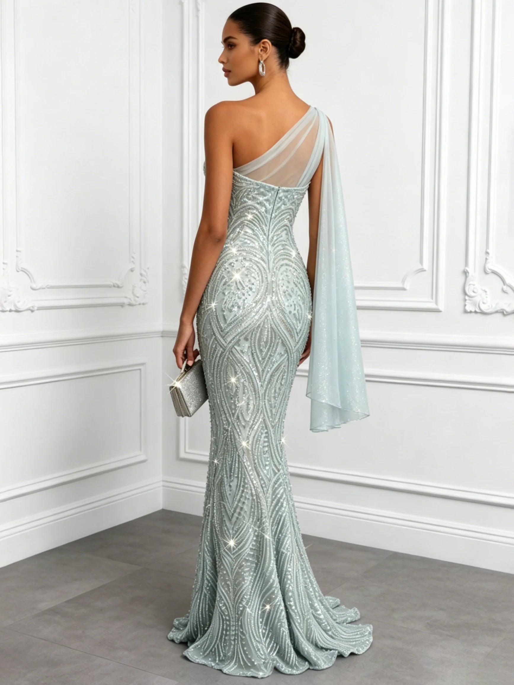 Vestido de Gala Sirena Mint con Lentejuelas