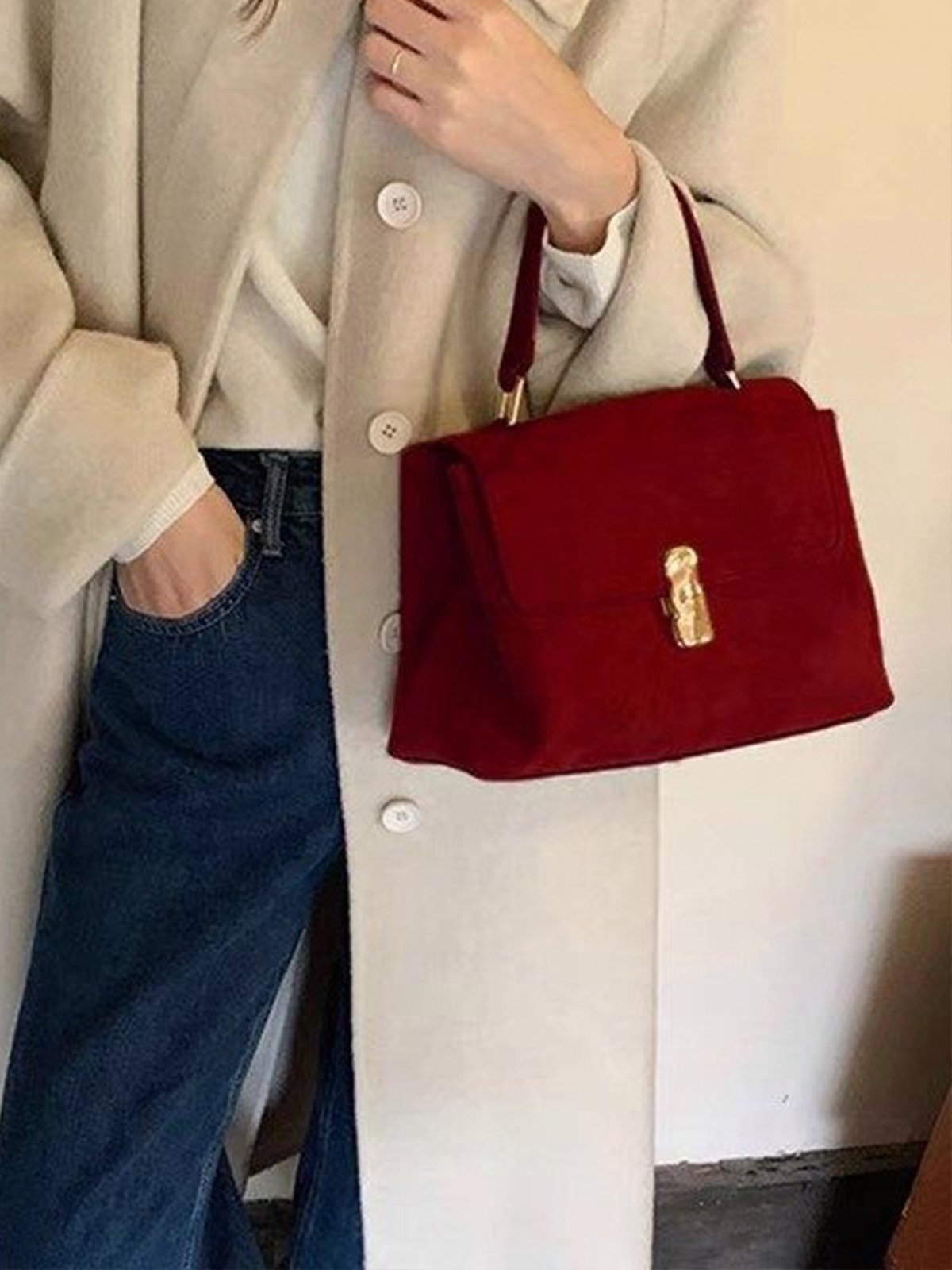 Bolso Top Handle Gamuza Rojo Vino