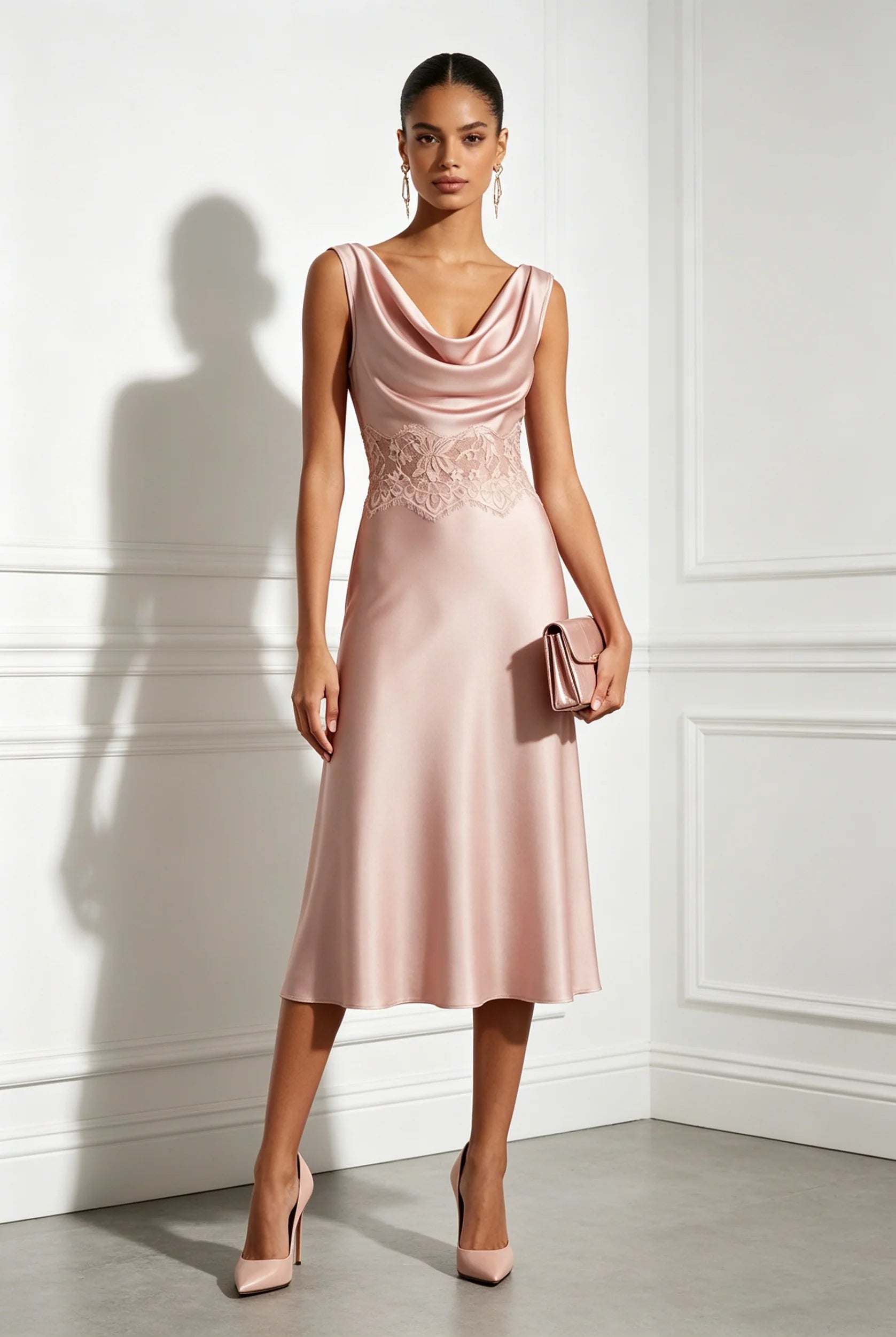 Vestido Satinado Blush con Rosado Floral Midi
