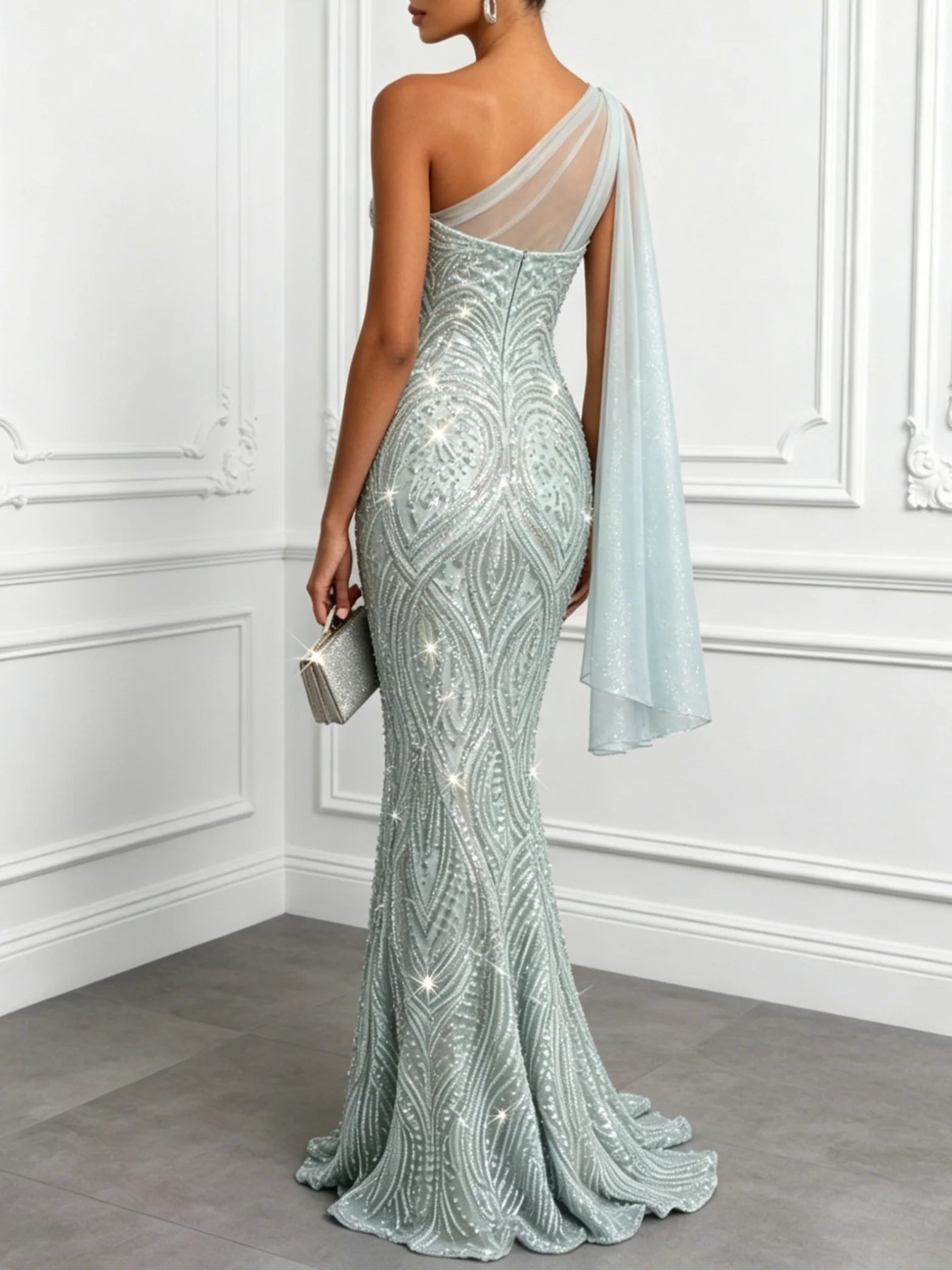 Vestido de Gala Sirena Mint con Lentejuelas