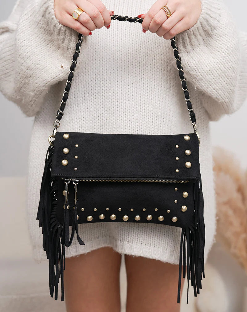 Bolso Clutch de Gamuza con Tachas y Flecos