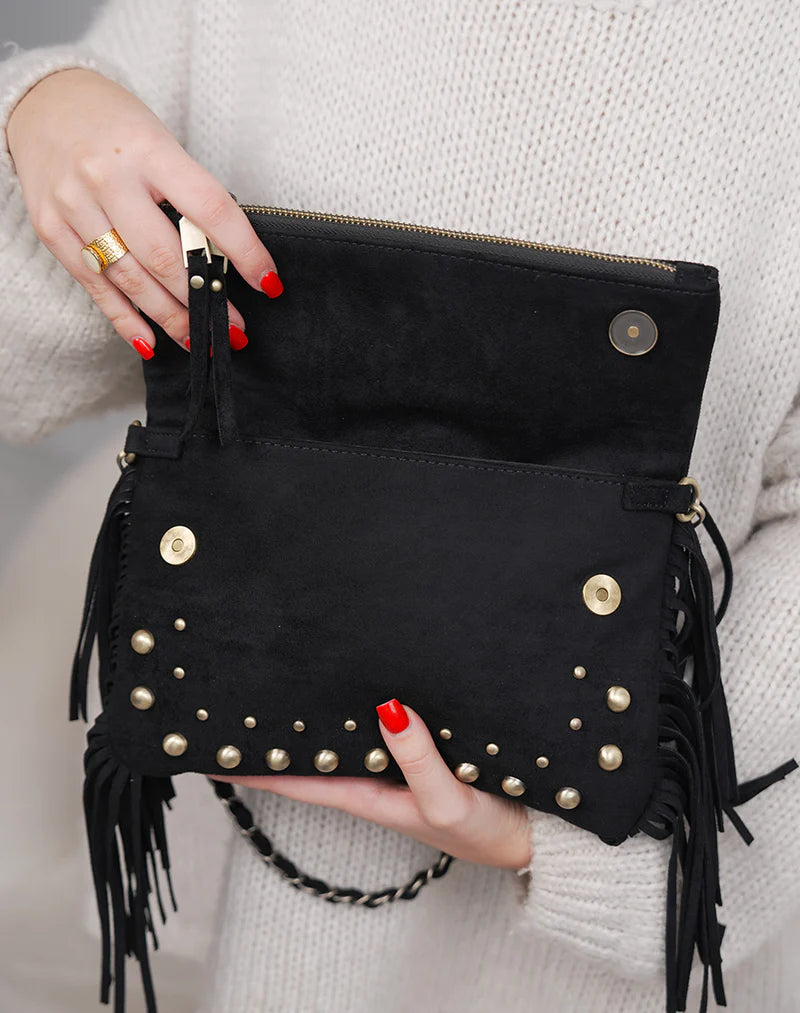 Bolso Clutch de Gamuza con Tachas y Flecos