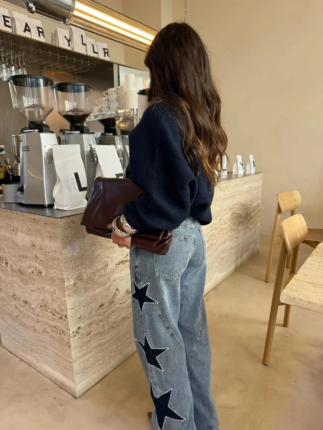 Jeans Wide Leg con Estrellas y Strass